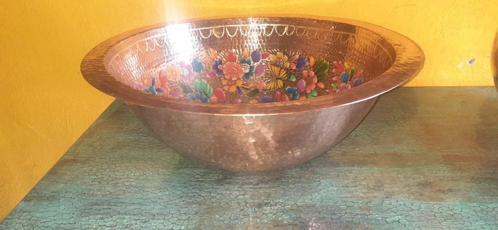 Lavamanos de cobre martillado a mano y decorado en laminilla de Oro 