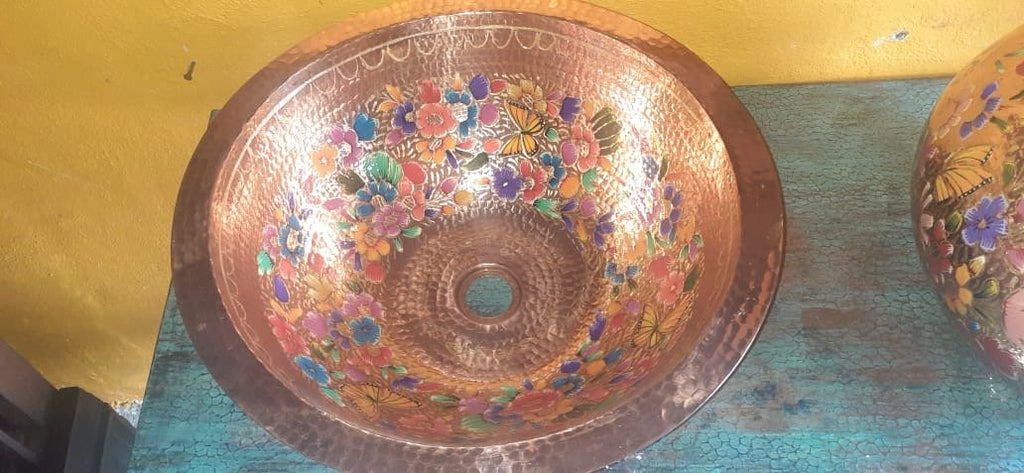 Lavamanos de cobre martillado a mano y decorado en laminilla de Oro 